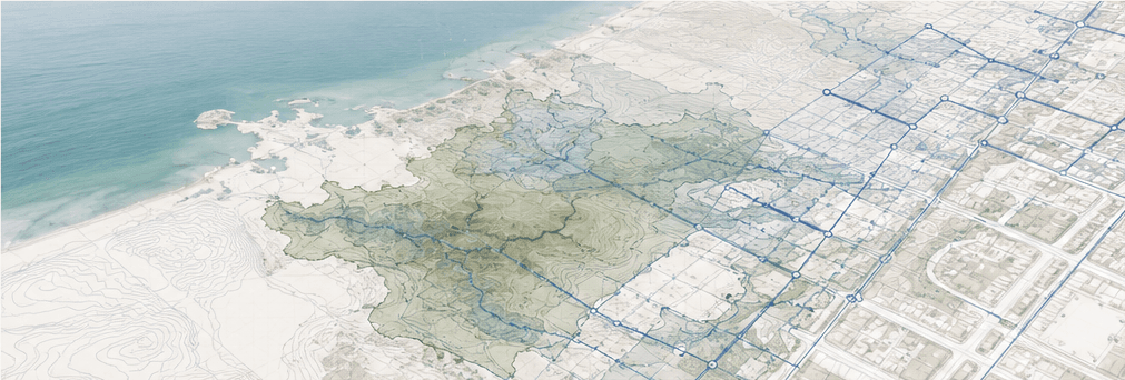 Coastal infrastructure map combining terrain and spatial network data